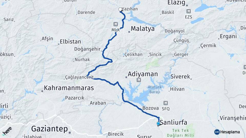 Şanlıurfa Yazıhan Malatya Arası Kaç Km - Yol Haritası