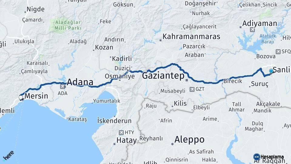 Şanlıurfa Yenişehir Mersin Arası Kaç Km - Yol Haritası