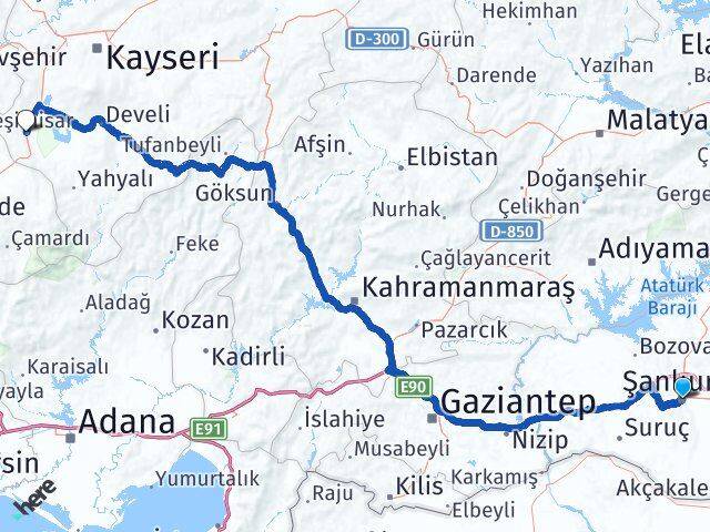 Şanlıurfa Yeşilhisar Kayseri Arası Kaç Km - Yol Haritası