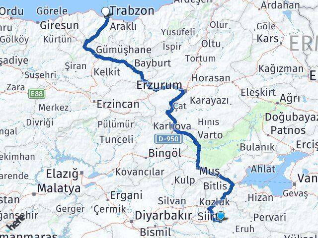 Siirt 3 Nolu Erdoğdu Ortahisar Trabzon Arası Kaç Km - Yol Haritası