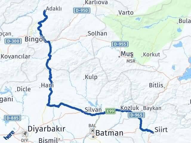 Siirt Adaklı Bingöl Arası Kaç Km - Yol Haritası
