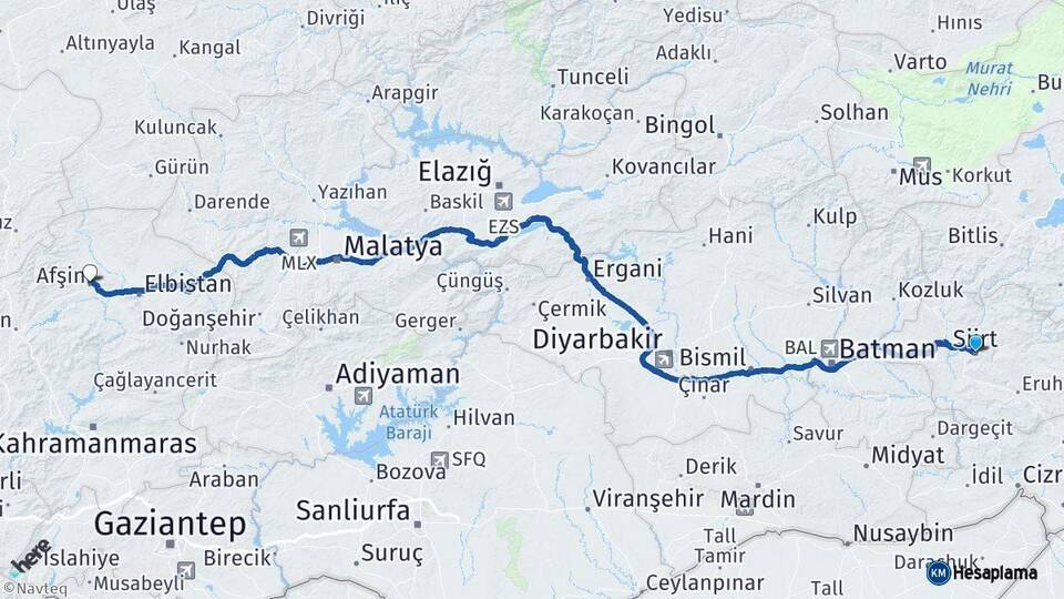 Siirt Afşin Kahramanmaraş Arası Kaç Km - Yol Haritası