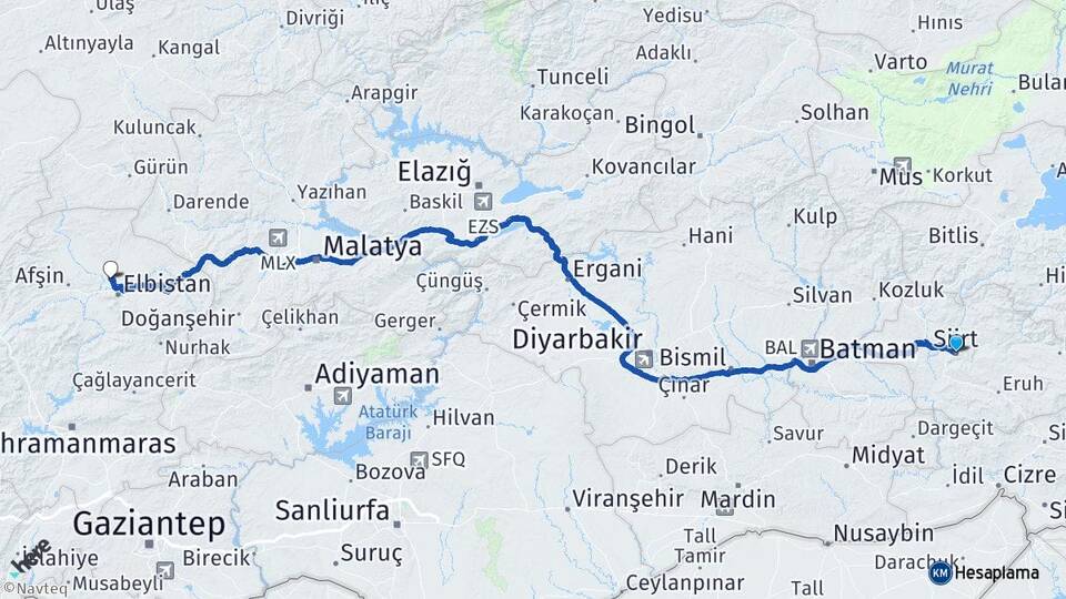 Siirt Ağlıca Elbistan Kahramanmaraş Arası Kaç Km - Yol Haritası