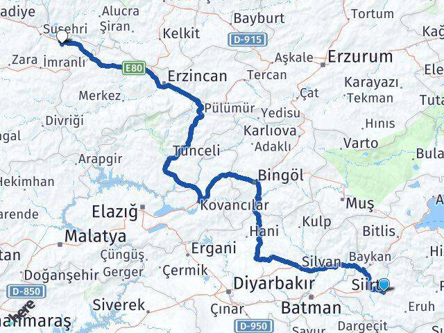 Siirt Akıncılar Sivas Arası Kaç Km - Yol Haritası