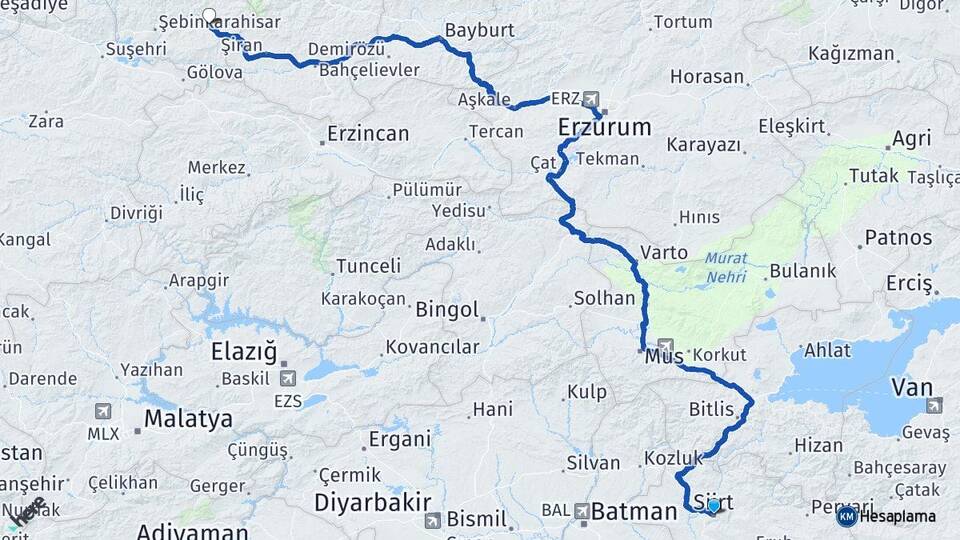 Siirt Alucra Giresun Arası Kaç Km - Yol Haritası
