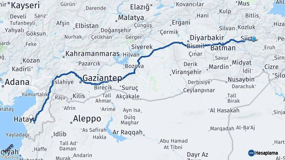 Siirt Antakya Hatay Arası Kaç Km - Yol Haritası