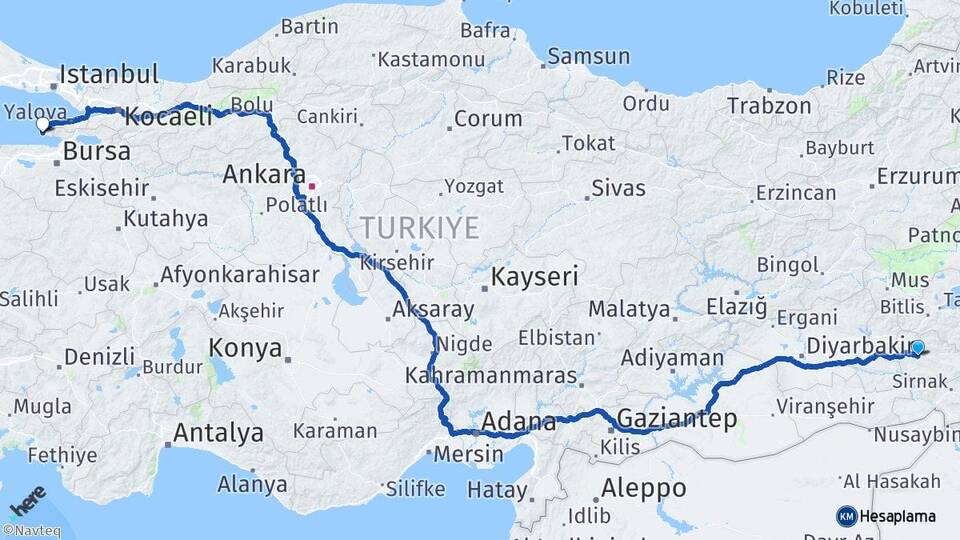 Siirt Armutlu Yalova Arası Kaç Km - Yol Haritası