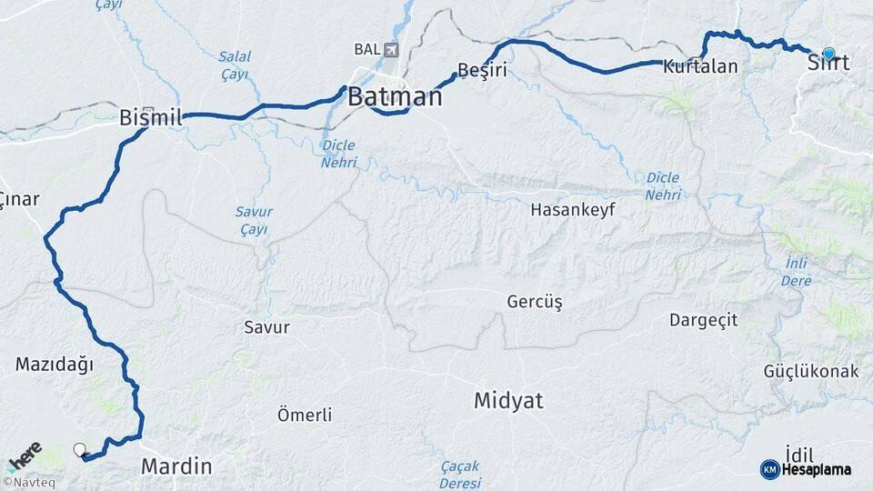 Siirt Artuklu Mardin Arası Kaç Km - Yol Haritası