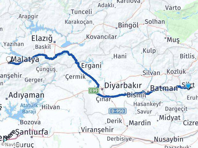 Siirt Battalgazi Malatya Arası Kaç Km - Yol Haritası