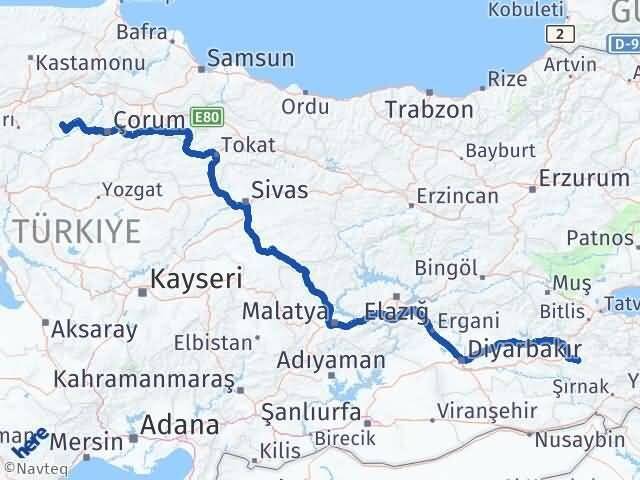 Siirt Bayat Çorum Arası Kaç Km - Yol Haritası