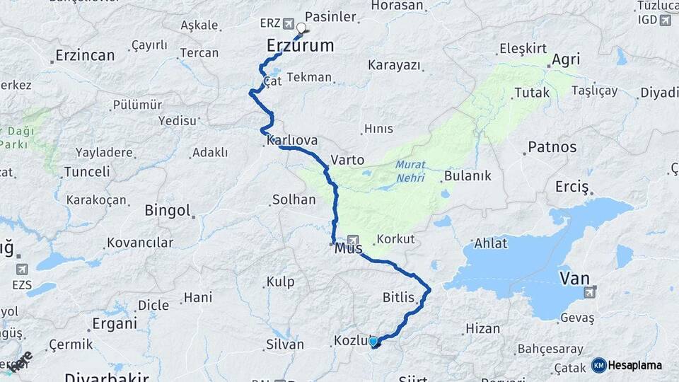 Siirt Baykan Erzurum Arası Kaç Km - Yol Haritası