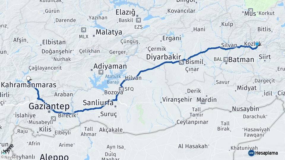 Siirt Baykan Kahramanmaraş Arası Kaç Km - Yol Haritası