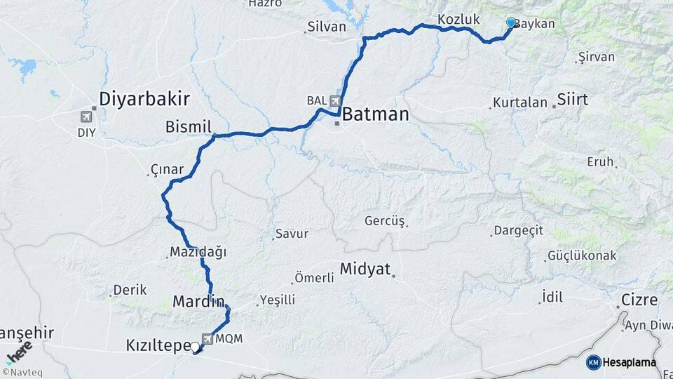 Siirt Baykan Kızıltepe Mardin Arası Kaç Km - Yol Haritası