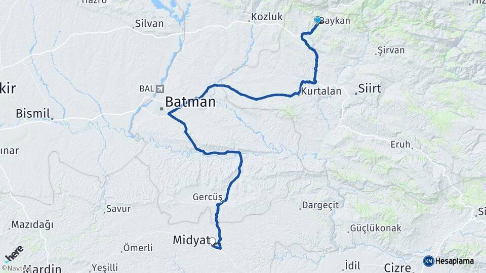 Siirt Baykan Midyat Mardin Arası Kaç Km - Yol Haritası