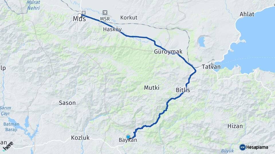 Siirt Baykan Muş Arası Kaç Km - Yol Haritası