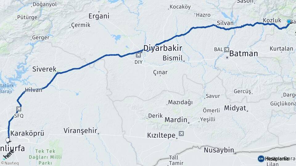 Siirt Baykan Şanlıurfa Arası Kaç Km - Yol Haritası