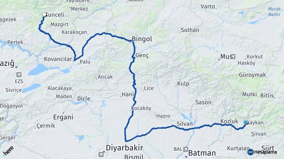 Siirt Baykan Tunceli Arası Kaç Km - Yol Haritası