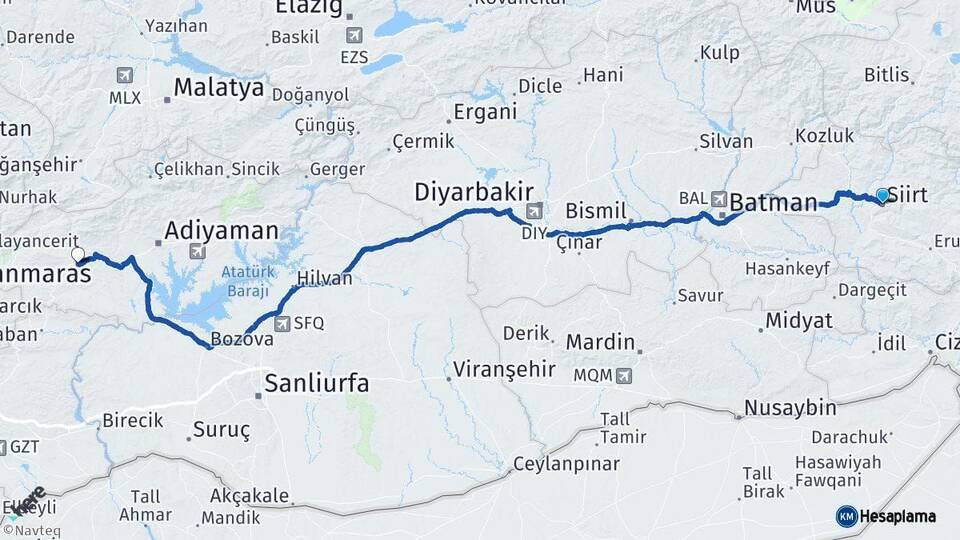 Siirt Besni Adıyaman Arası Kaç Km - Yol Haritası