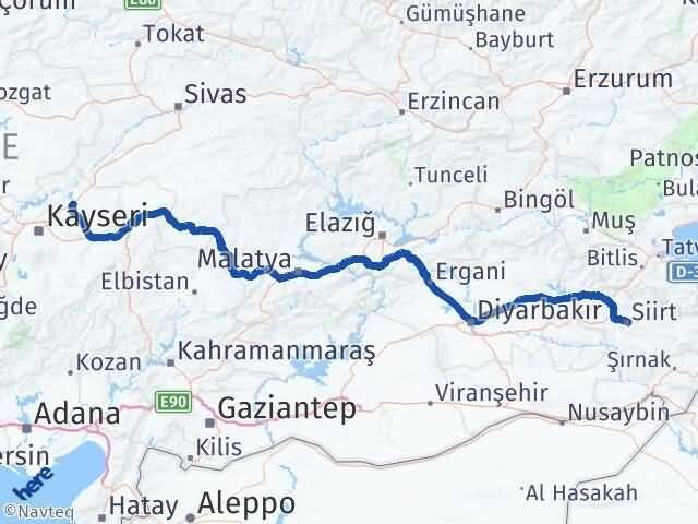 Siirt Bünyan Kayseri Arası Kaç Km - Yol Haritası