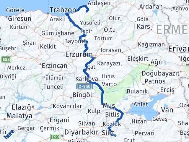 Siirt Çamlıhemşin Rize Arası Kaç Km - Yol Haritası