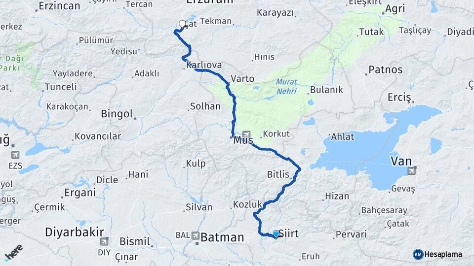Siirt Çat Erzurum Arası Kaç Km - Yol Haritası