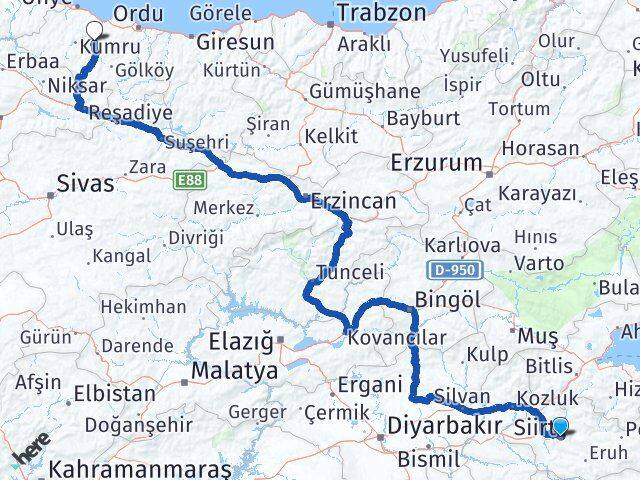 Siirt Çatalpınar Ordu Arası Kaç Km - Yol Haritası