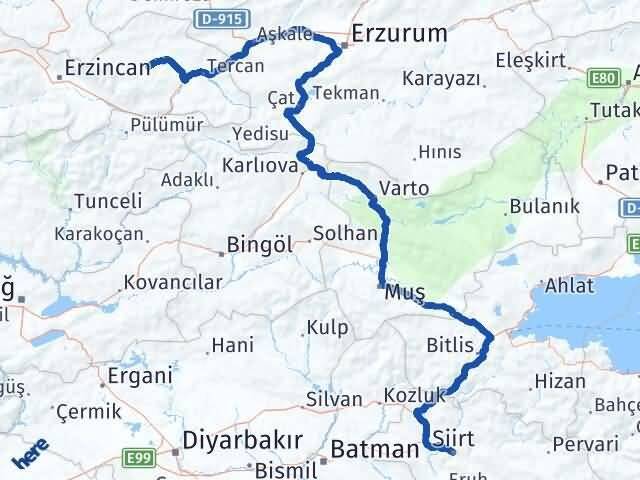 Siirt Çayırlı Erzincan Arası Kaç Km - Yol Haritası