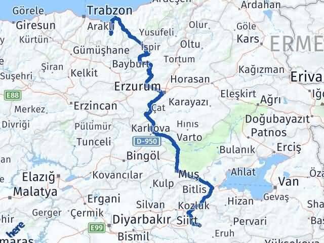 Siirt Çaykara Trabzon Arası Kaç Km - Yol Haritası