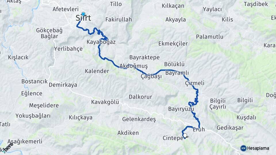 Siirt Çetinkol Eruh Arası Kaç Km - Yol Haritası
