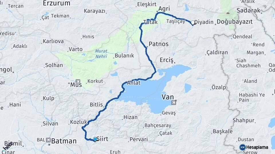 Siirt Diyadin Ağrı Arası Kaç Km - Yol Haritası
