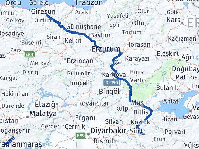 Siirt Doğankent Giresun Arası Kaç Km - Yol Haritası