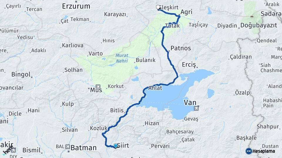 Siirt Eleşkirt Ağrı Arası Kaç Km - Yol Haritası