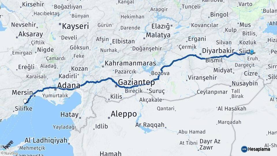 Siirt Erdemli Mersin Arası Kaç Km - Yol Haritası