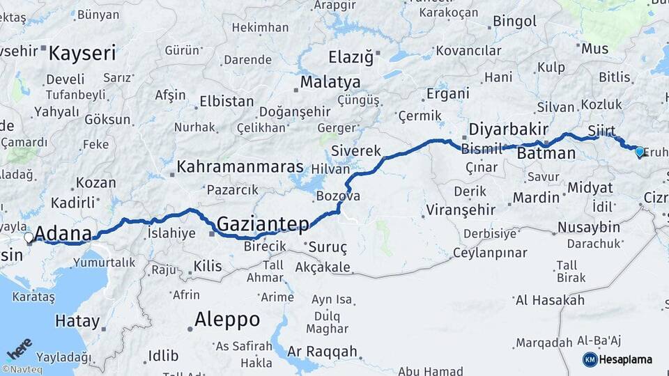 Siirt Eruh Adana Arası Kaç Km - Yol Haritası