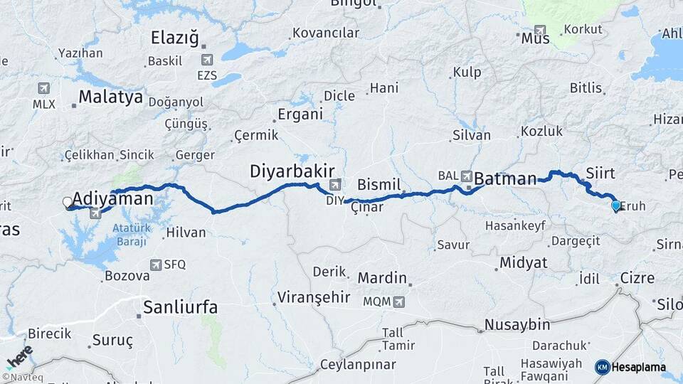 Siirt Eruh Adıyaman Arası Kaç Km - Yol Haritası