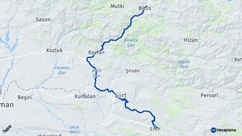 Siirt Eruh Bitlis Arası Kaç Km - Yol Haritası