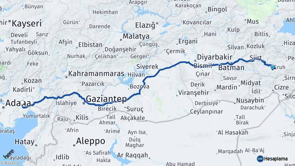 Siirt Eruh Ceyhan Adana Arası Kaç Km - Yol Haritası