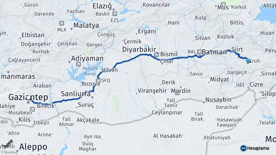 Siirt Eruh Gaziantep Arası Kaç Km - Yol Haritası