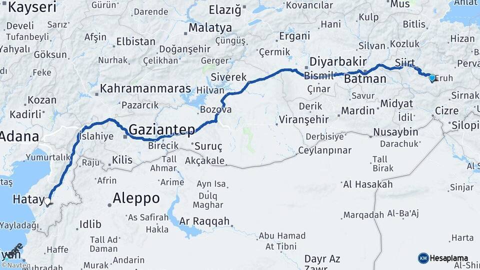 Siirt Eruh Hatay Arası Kaç Km - Yol Haritası