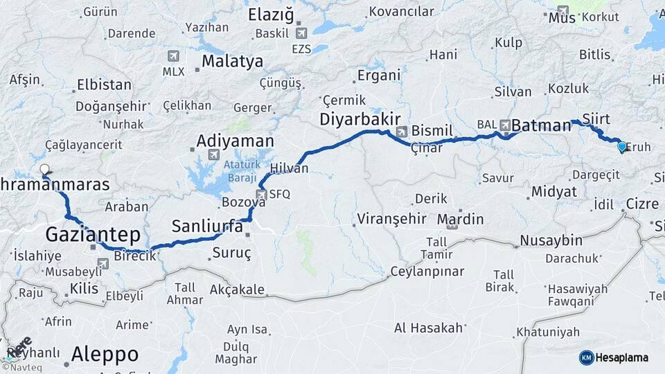 Siirt Eruh Kahramanmaraş Arası Kaç Km - Yol Haritası