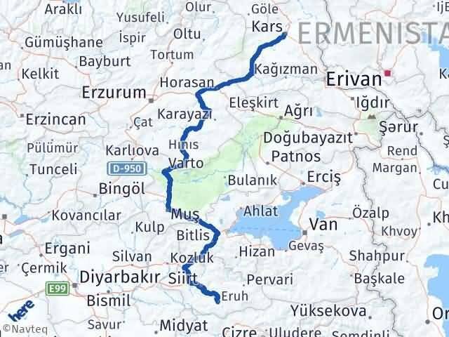 Siirt Eruh Kars Arası Kaç Km - Yol Haritası