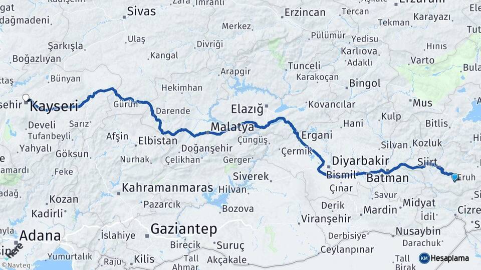 Siirt Eruh Kayseri Arası Kaç Km - Yol Haritası