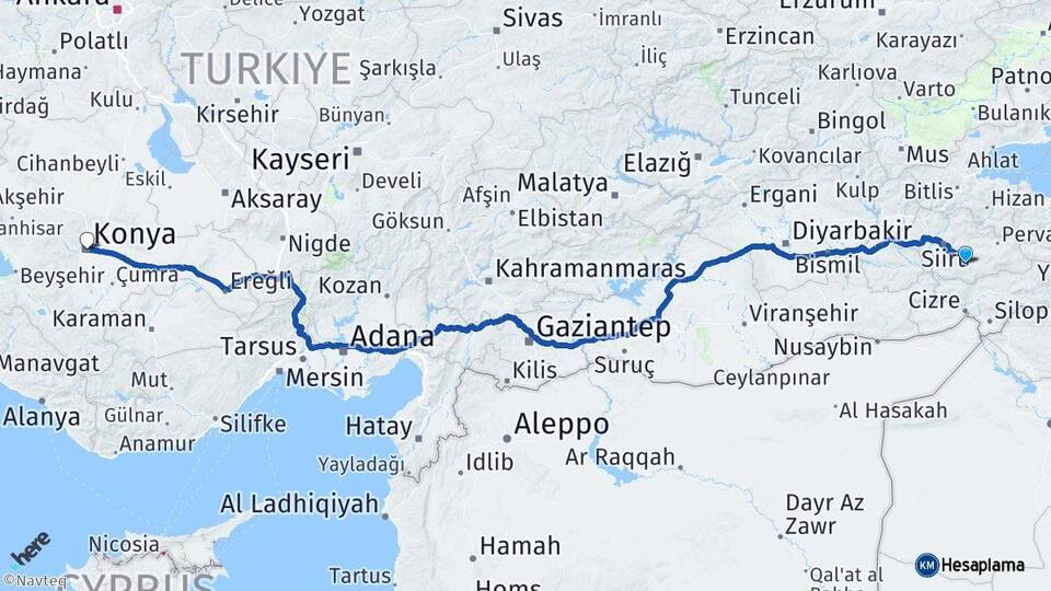 Siirt Eruh Konya Arası Kaç Km - Yol Haritası