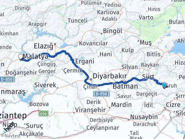 Siirt Eruh Malatya Arası Kaç Km - Yol Haritası