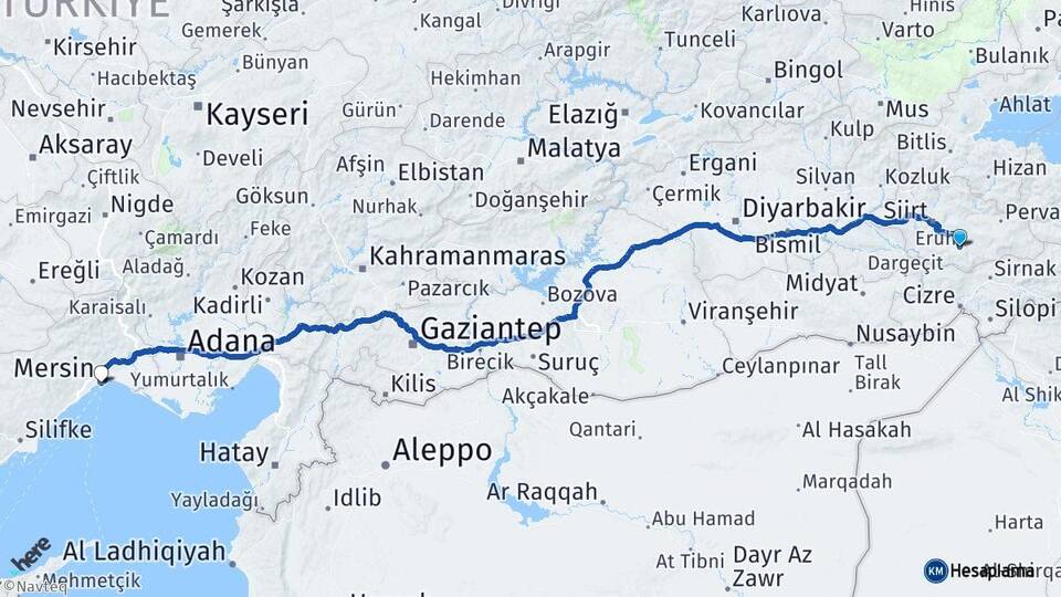 Siirt Eruh Mersin Arası Kaç Km - Yol Haritası