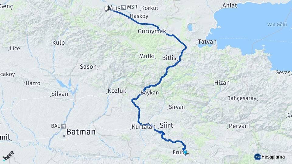 Siirt Eruh Muş Arası Kaç Km - Yol Haritası