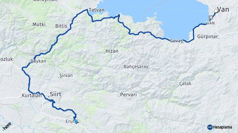 Siirt Eruh Van Arası Kaç Km - Yol Haritası