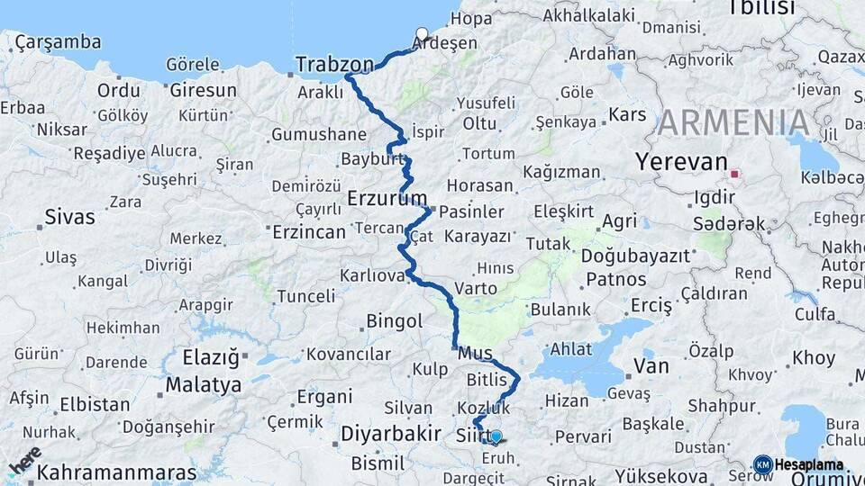 Siirt Fındıklı Rize Arası Kaç Km - Yol Haritası