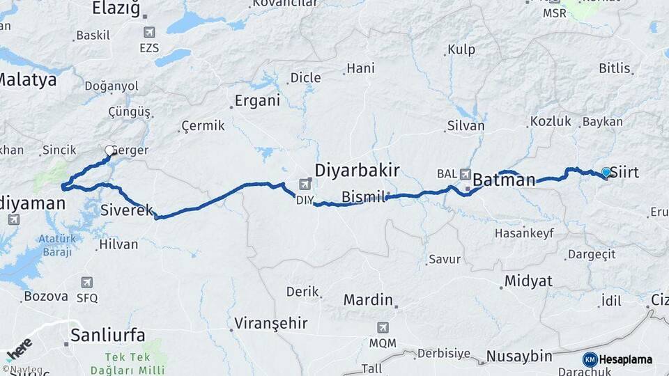 Siirt Gerger Adıyaman Arası Kaç Km - Yol Haritası