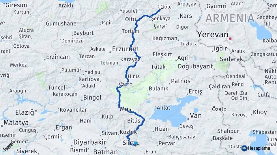 Siirt Göle Ardahan Arası Kaç Km - Yol Haritası